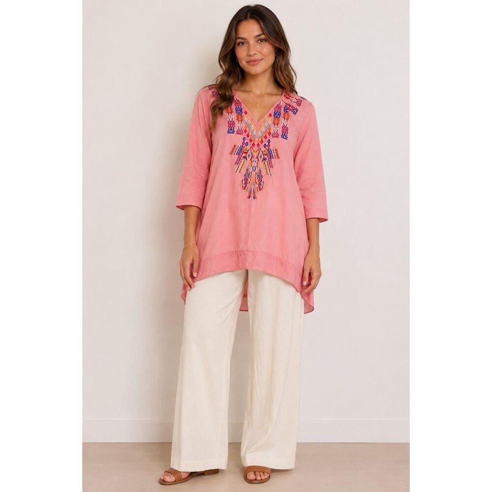 Soft Surroundings Pink Boho Flowy Blouse XL Hippie Long Tunic Lagen Aztec
